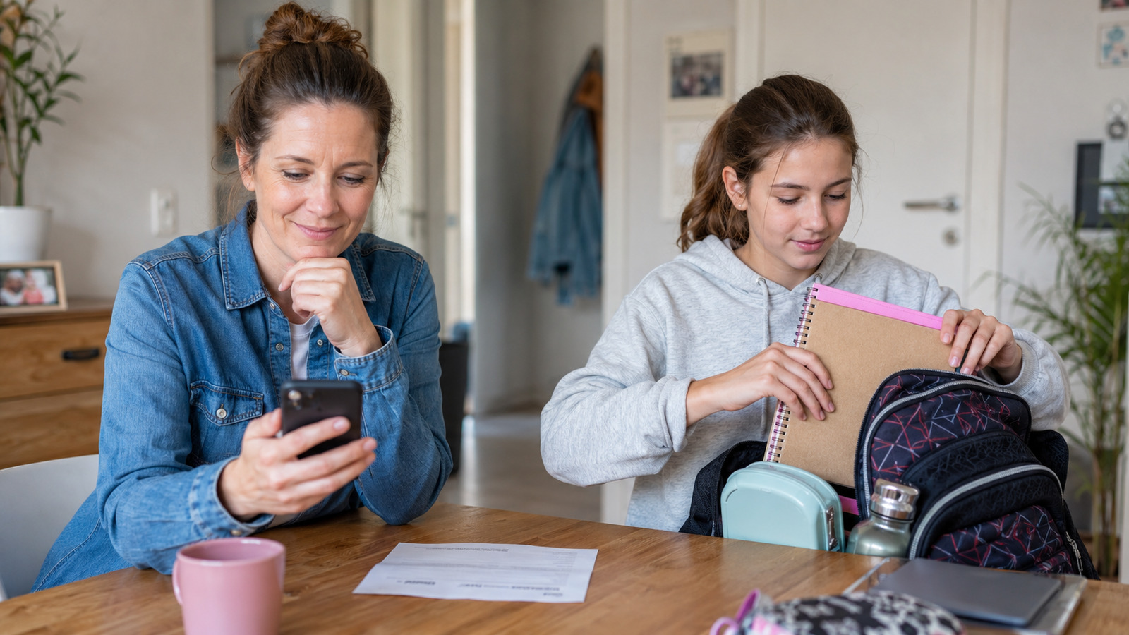 Mutter liest eine Nachricht zur Kindergelderhöhung 2028, während ihre Tochter den Schulrucksack packt