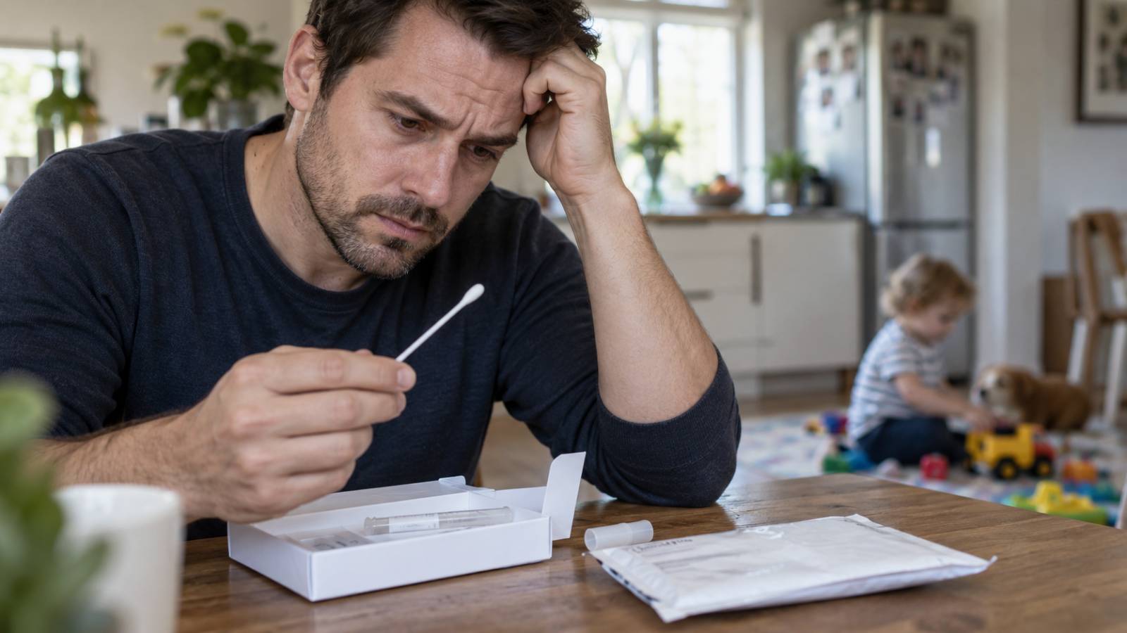 Nachdenklicher Vater mit DNA-Testkit für einen Vaterschaftstest, während ein Kind im Hintergrund spielt